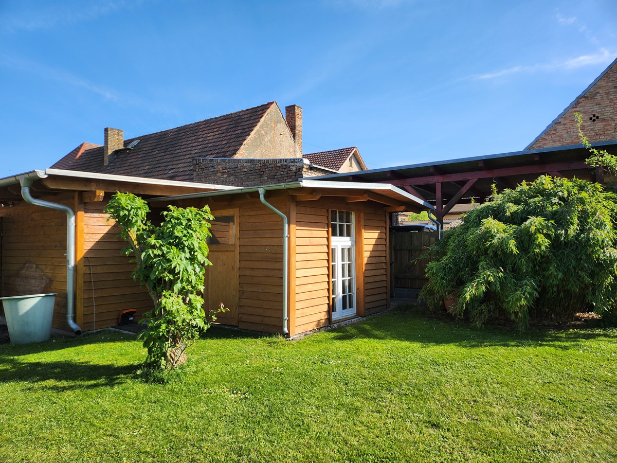 Holzhäuschen und Bambus im Garten